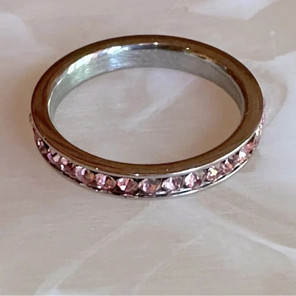 Pink Tourmaline Colored CZ Stainless Steel Eternity Band Ring October Birthstone - Picture 1 of 7